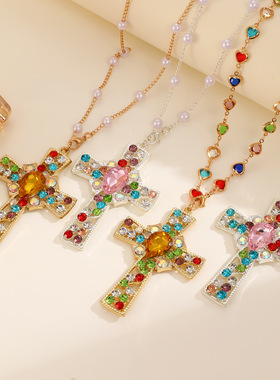 New necklace cross pendant colorful pearl necklace women项链