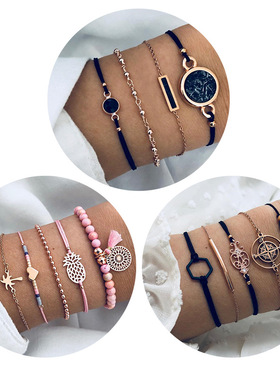 欧美手链镶钻爱心串珠5件套手饰