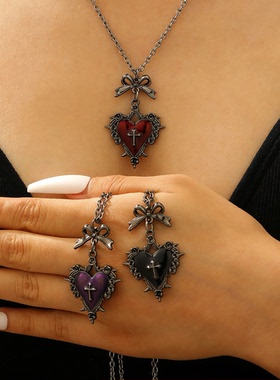 Punk red heart-shaped collarbone bow cross feeling necklace