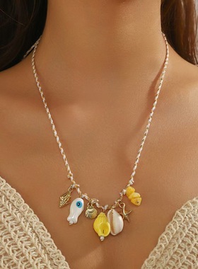 Elegant women Ocean Shell Starfish Necklace Colored Rope项链