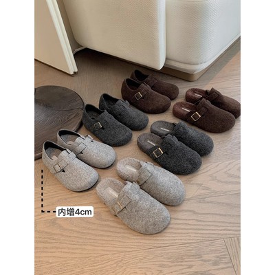增高~4cm格雷系保暖加绒内增高毛毛半拖外穿厚底勃肯女鞋秋冬款