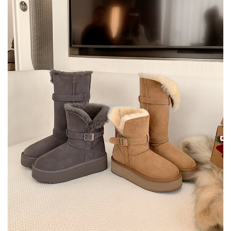 真皮翻边厚底增高防水加绒加厚保暖中高筒羊毛毛短靴女雪地靴长靴