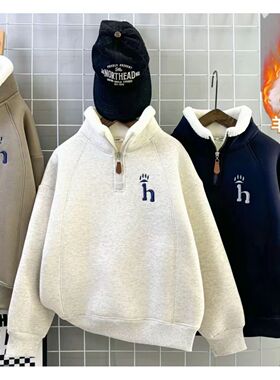 儿童冬季半拉链加绒羊羔绒卫衣男女童加厚保暖衣中大童加厚打底衫