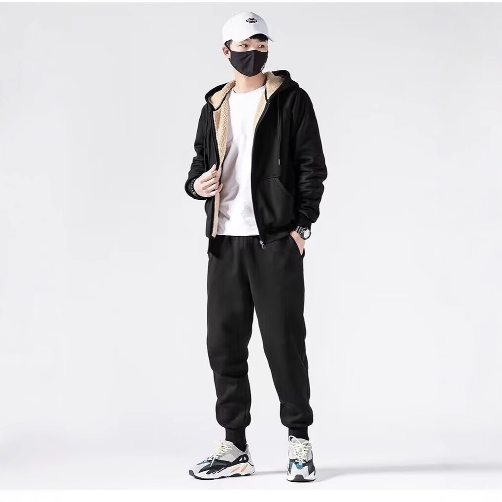 耐克顿羊羔绒卫衣套装跨境秋冬季加绒加厚开衫连帽运动服男休闲