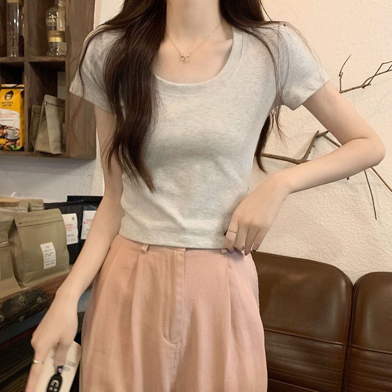 U领短款百搭短袖T恤女夏季新款修身显瘦高腰正肩体桖上衣修身型