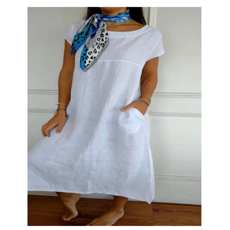 new dress women elegant ladies vestidos欧美新款圆领纯色 口袋图片