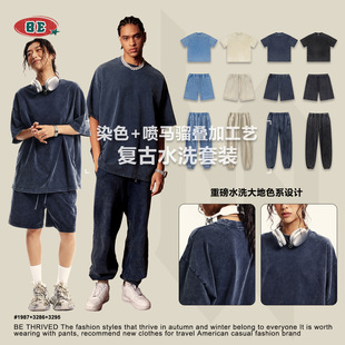 unisex cotton Pants美式 women 套装 tshirt 复古休闲风运动短袖