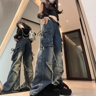 Women Baggy Jeans Y2k美式复古暗黑牛仔裤街头五角星口袋设计new