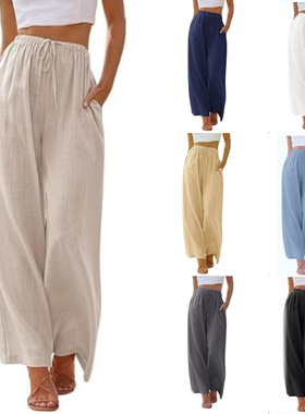 new大码女裤亚麻宽松休闲口袋抽绳阔腿裤女baggy pants for women