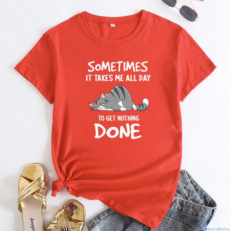 Women Cotton tshirt 女装猫字母英文印花纯棉圆领短袖T恤女源头
