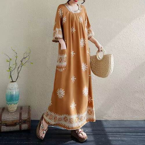 long dress womens maxi vestidos boho beach棉绸圆领中袖连衣裙