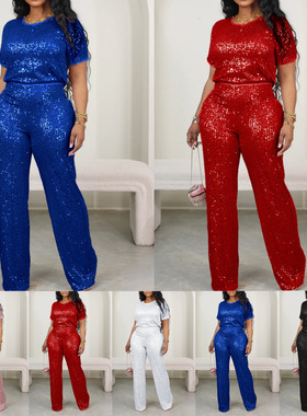 Casual Sequin Two Piece Set for Women Tshirts Wide Leg Pants