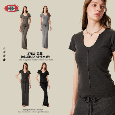 Women 2026 275gsm U Collar T-Shirts Girls Sexy Slim T Shirts