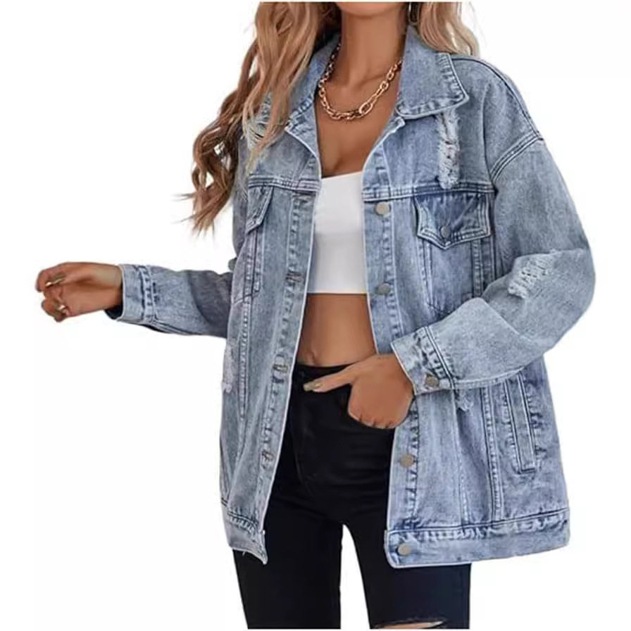 denim style tops shirt欧美新款牛仔外套时尚牛仔夹克男友式破洞