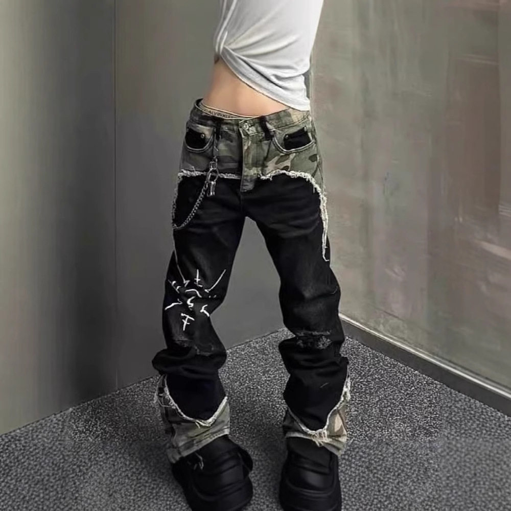 Jeans大码美式街头水洗迷彩拼接牛仔裤男女国潮嘻哈直筒宽松显瘦
