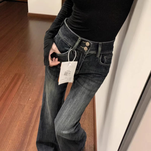 Women American Retro Jeans Wide Leg Denim Pants小个子辣妹