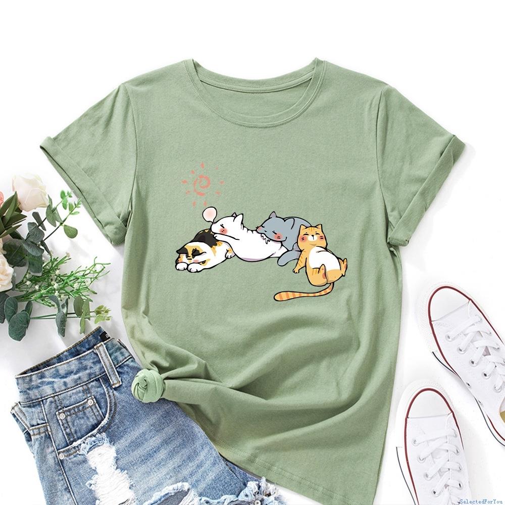 Women Cotton Tshirt Ladies T-shirt 睡觉猫咪印花宽松圆领短袖t图片