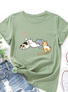 Women Cotton Tshirt Ladies T-shirt 睡觉猫咪印花宽松圆领短袖t