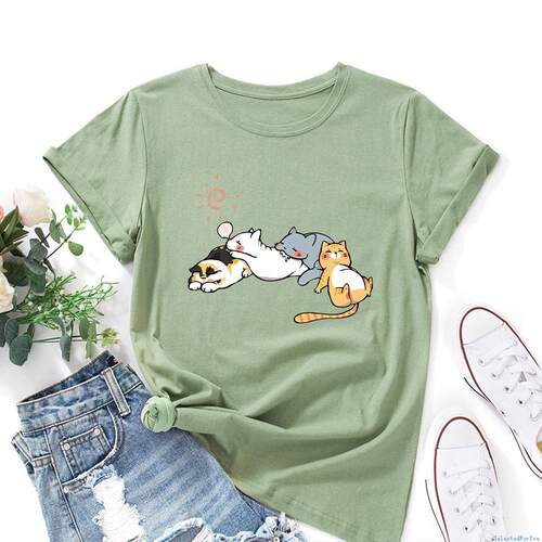 Women Cotton Tshirt Ladies T-shirt 睡觉猫咪印花宽松圆领短袖t