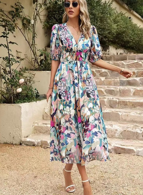 New Women Floral Sexy Vneck Dress Vacation Half Sleeve Dress