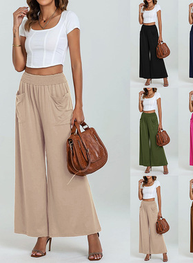 2026欧美松紧腰女裤Women's casual baggy pants mid waist beach