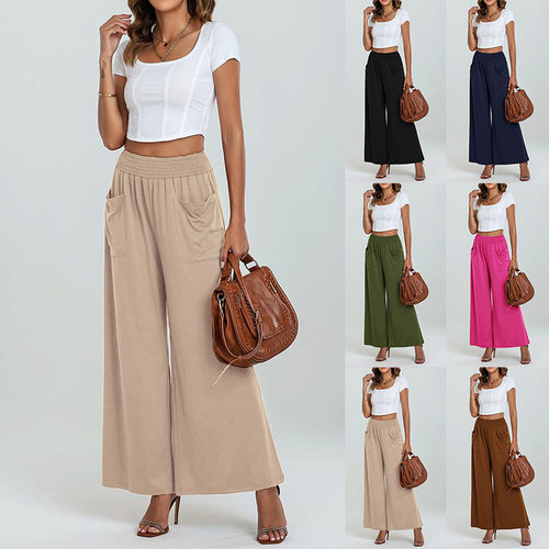 2026欧美松紧腰女裤Women's casual baggy pants mid waist beach