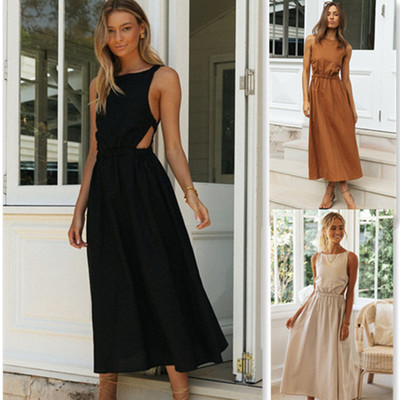 new dress women elegant ladies vestidos欧美新款纯色无袖圆领