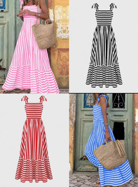 Fashion Striped Summer Womens Long Dress Backless Sundresses