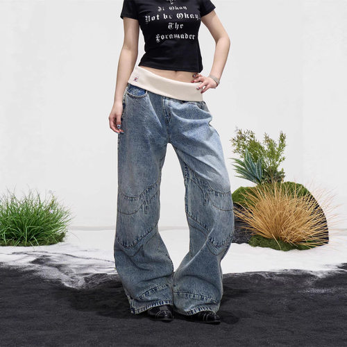 Retro American Denim Jeans Women's Faded Wash Straight Pants
