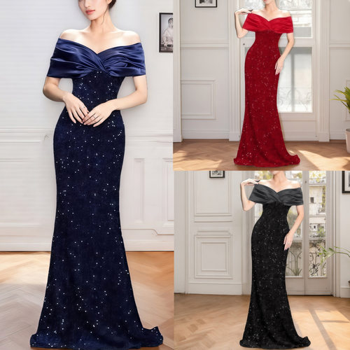 pleated tint sequin velvet fishtail Dress Evening Gown dress