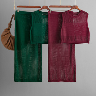 skirt 针织开衩 knitted and 背心套装 新款 镂空无袖 vest set修身