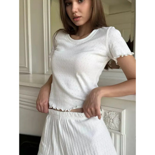 y2k时尚休闲套装提花木耳边修身气质居家圆领 Tshirt shorts sets