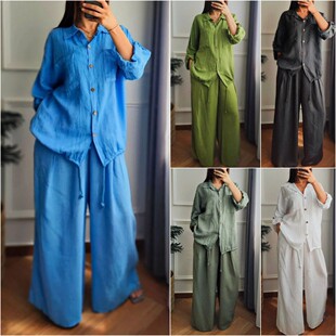 Womens Spring Casual Loose Cotton Linen Shirt Wide Leg Pants