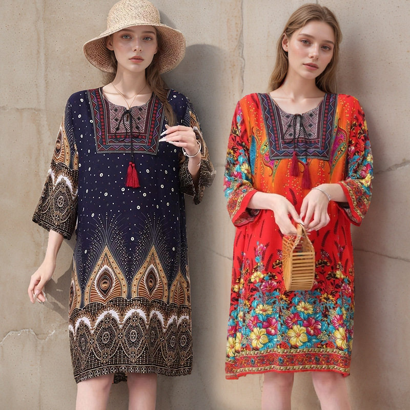 long dress women maxi vestidos boho beach棉绸碎花连衣裙女
