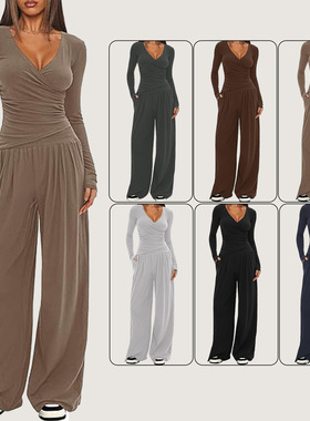 wide leg pants set women's long sleeved sportswear commuting