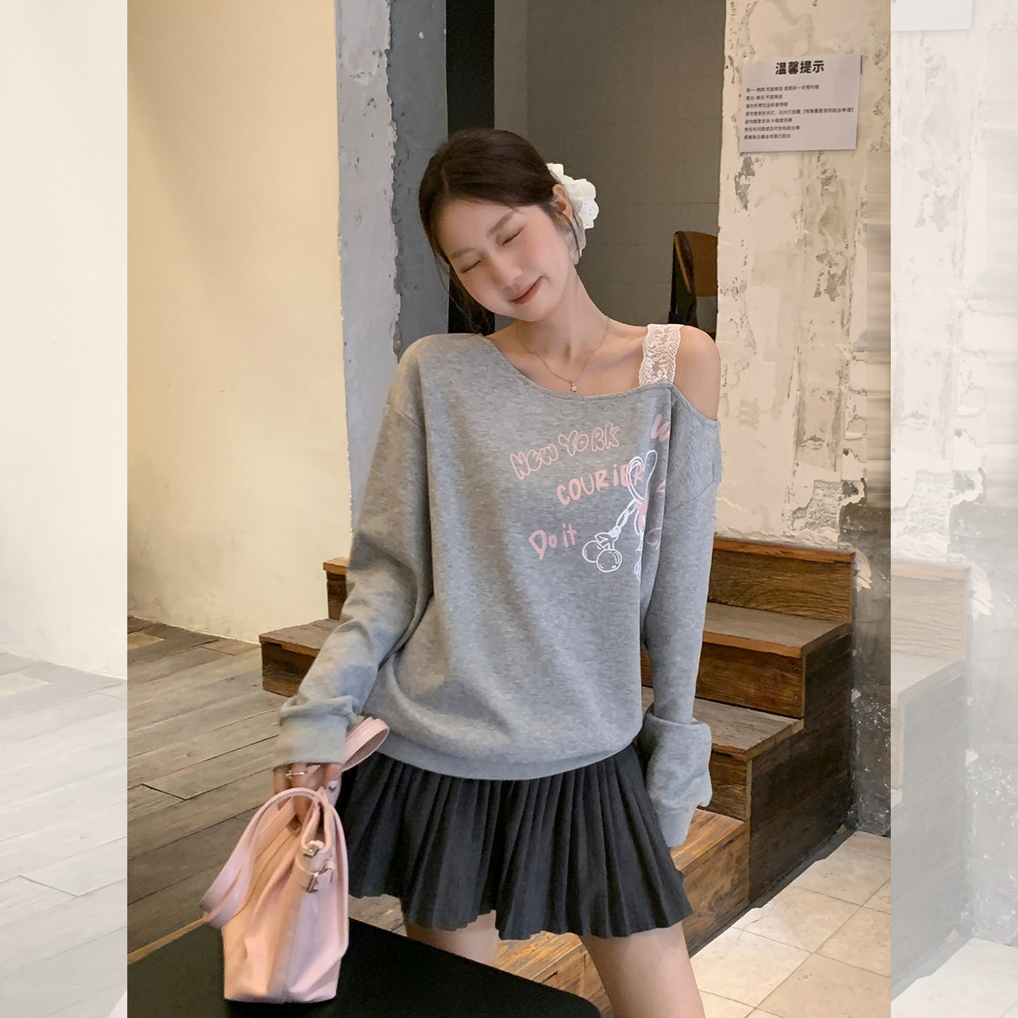 women sexy off shoulder t-shirt female crop top花灰色斜肩