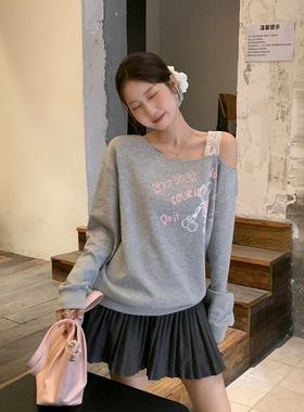 women sexy off shoulder t-shirt female crop top花灰色斜肩