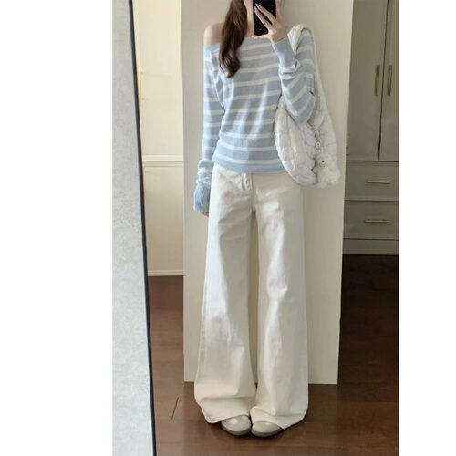 White Straight Leg Jeans Women's Loose Drapey Wide Leg Pants