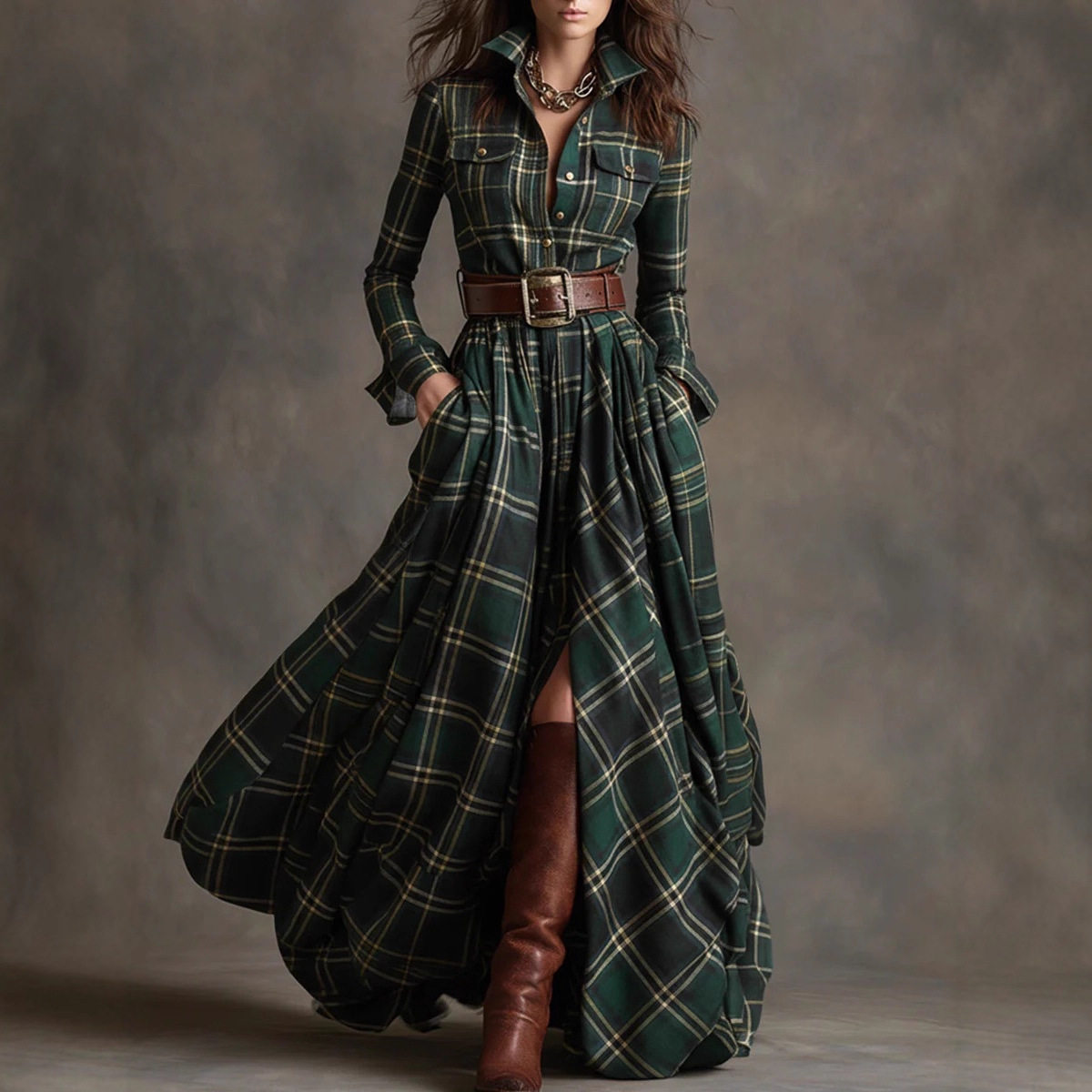 Large Size Women Retro Plaid Dress Party Dresses Long Sleeve图片