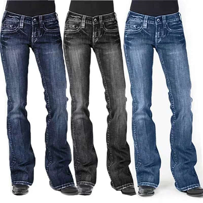 Fashion Mid Waist Jeans New Denim Pants Trousers美式复古中腰