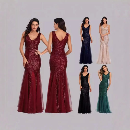 Sexy V-Neck Sequin Tank Open Back Evening Party Prom Dresses