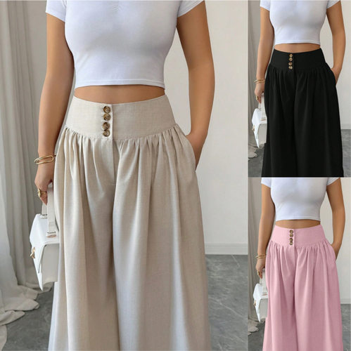 Women High Waist Wide Leg Pants Button Pleated Loose Trouser