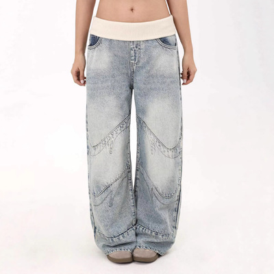 美式辣妹设计感螺纹腰头牛仔裤Baggy Womens Jeans Y2k Low Waist