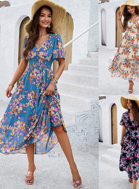 women's new dress ladies fashion dress新款气质收腰短袖雪纺