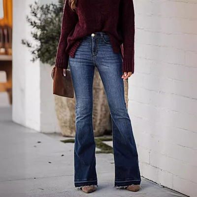 女士牛仔裤深蓝中腰微喇裤