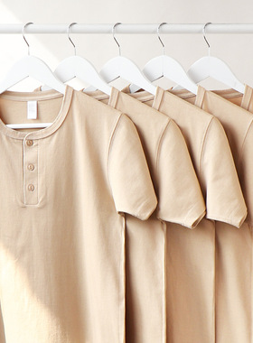 women basic t-shirt heavy t shirt men日系250g重磅亨利领短袖