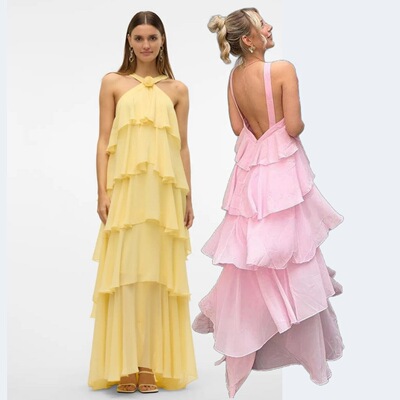 Women Ruffles Layered Dresses Backless Fluffy Long Dress女裙