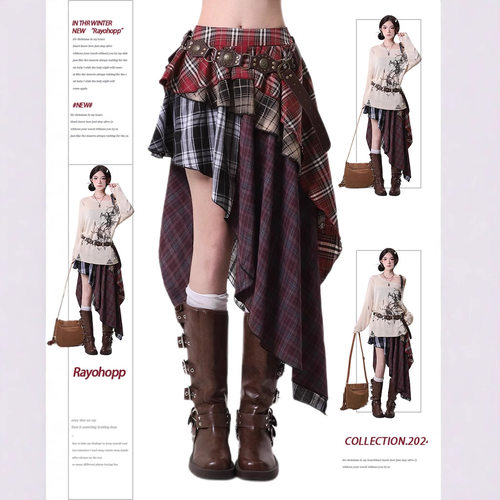 复古不规则半裙 Retro Plaid Asymmetrical Skirt Y2K High Waist