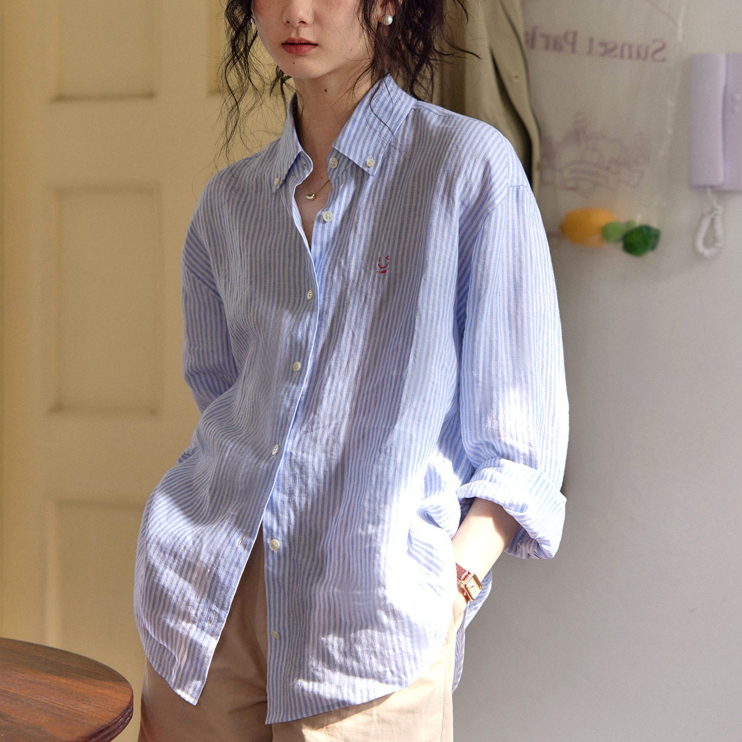 Women French Classic Blue and White Striped Shirts Oversized