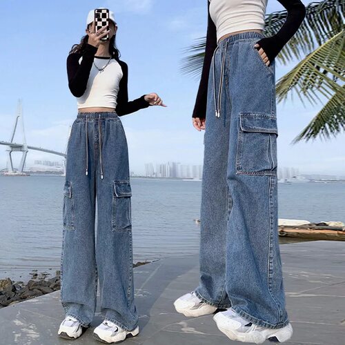 Elastic High-waist Pocket Fashion Loose Straight Jeans Pants